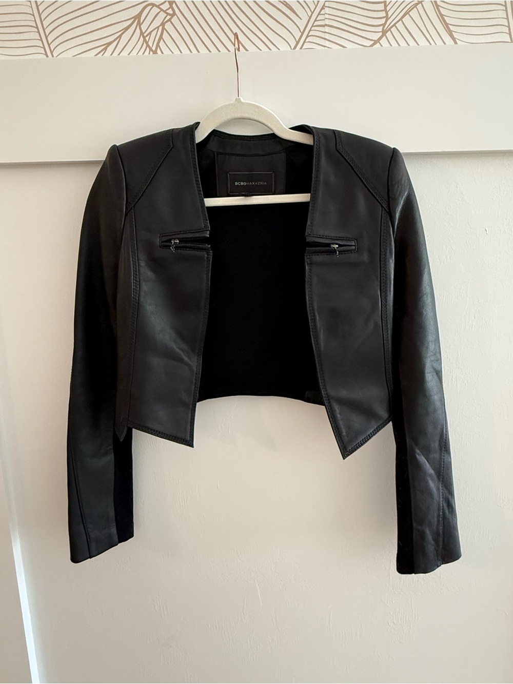 BCBGMaxAzria Black Cropped Leather Open Jacket